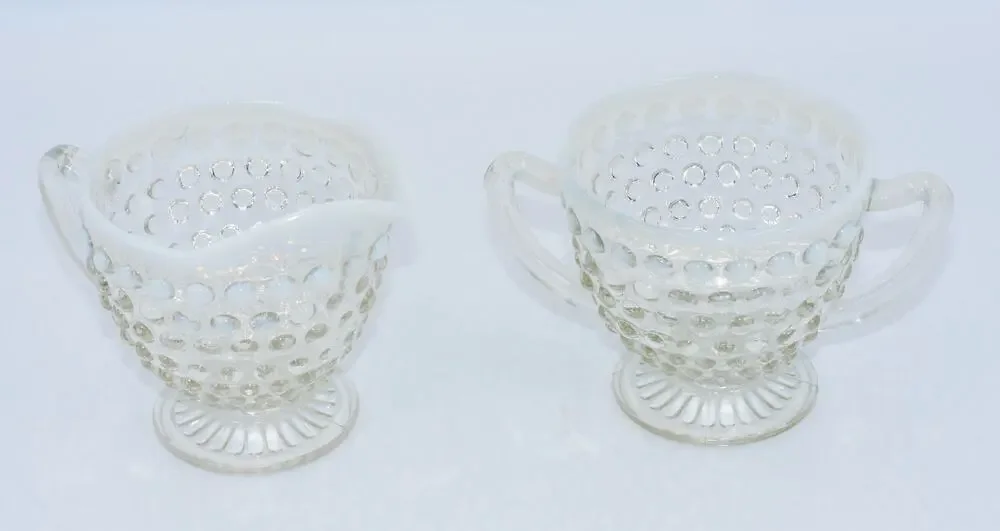 Anchor Hocking Moonstone Opalescent Hobnail Footed Creamer & Sugar Glass 2pc Set